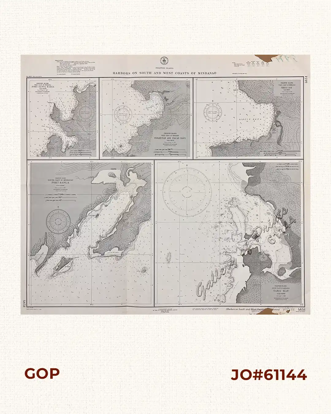 Philippine Islands Harbors on South and West Coasts of Mindanao insets: 1) Port Santa Maria. 2) Panabutan and Piacan Bays. 3) Sibuco Bay. 4) Port Banga. 5) Taba Bay.