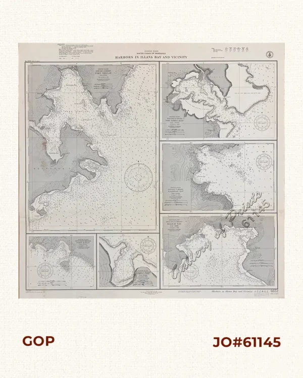 Philippine Islands South Coast of Mindanao Harbors in Illana Bay and Vicinity insets: 1) Port Sibulan. 2) Port Sambulauan. 3) Pagadian Bay. 4) Maligay Bay. 5) Port Baras. 6) Limbug Cove.