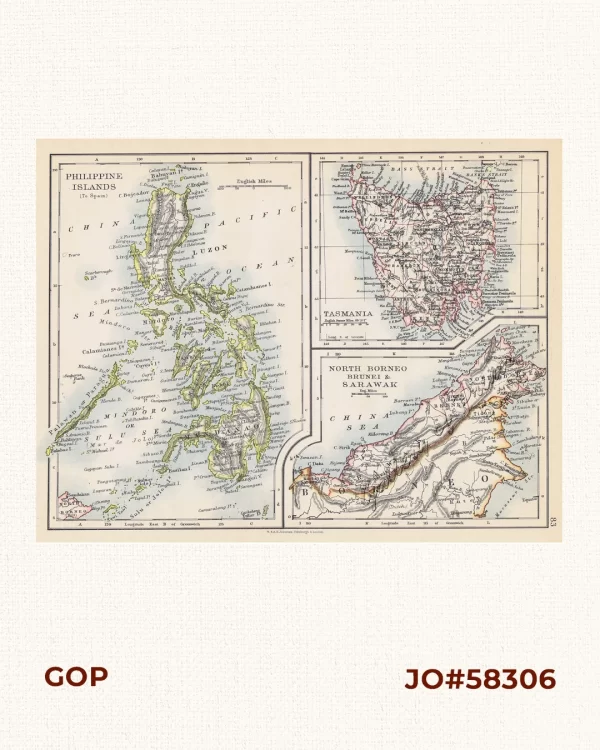 1. Philippine Islands (to Spain).  2. Tasmania.  3. North Borneo, Sarawak & Brunei [with prints on verso:]  1. Borneo, Sumatra, Java, Etc.  2. Fiji Islands.