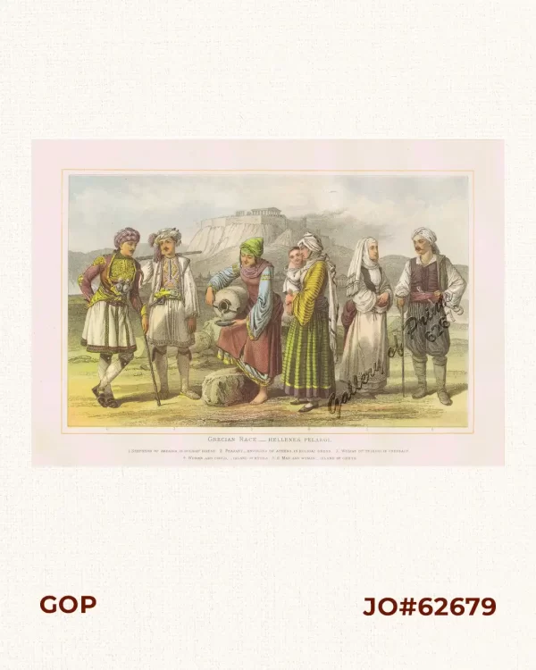 Grecian Race - Hellenes. Pelasgi.  1. Shepherd of Arcadia, in Holiday Dress.  2. Peasant - Environs of Athens, in Holiday Dress.  3. Woman of Trikeri in Thessaly.  4. Woman and Child, - Island of Hydra.  5. 6. Man and Woman - Island of Crete.