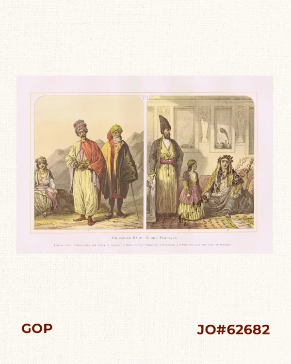 Caucasian Race. - Kurds. Persians. 1. Kurd Girl. 2. Kurd from the Plain of Ararat. 3. Kurd Priest. 4. Persian Gentleman. 5. 6. Persian Lady and Girl of Teheran.