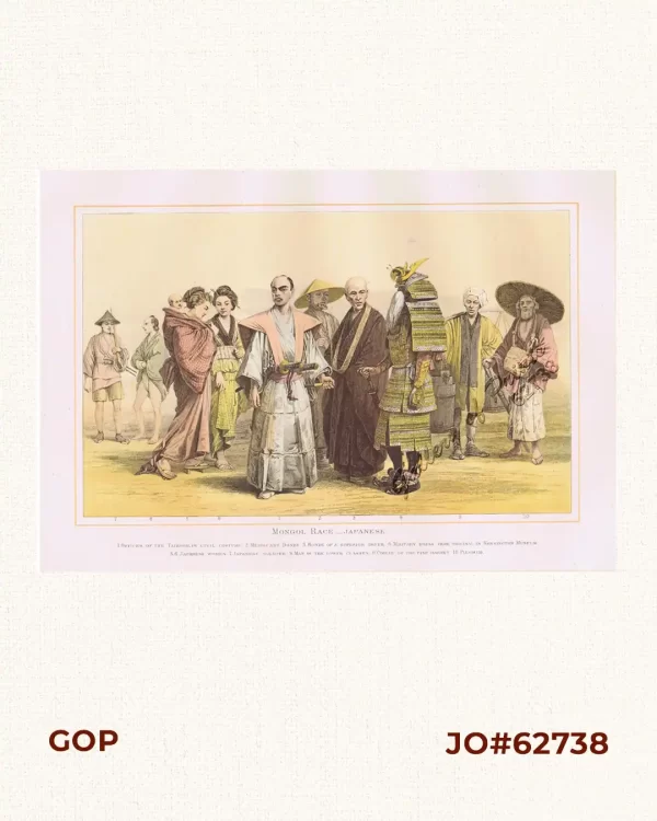 Mongol Race - Japanese.  1. Officer of the Taikoon, in Civil Costume.  2. Mendicant Bonze.  3. Bonze of a Superior Order.  4. Military Dress from Original in Kensington Museum.  5. 6. Japanese Women.  7. Japanese Soldier.  8. Man of the Lower Classes.  9. Coolie of the Fish Market.  10. Pilgrim.