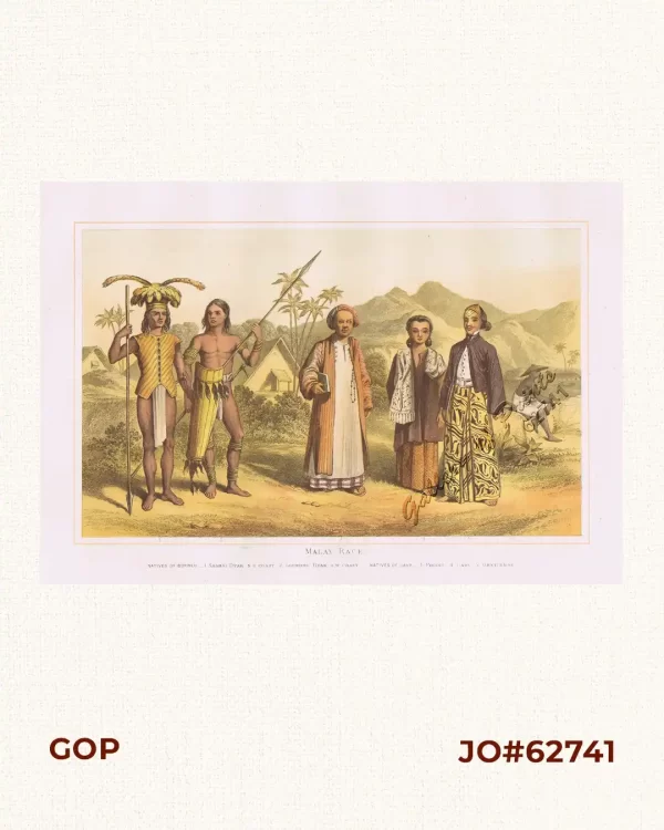 Malay Race.  Natives of Borneo -  1. Saghai Dyak  N.E. Coast.  2. Loondoo Dyak  S.W. Coast.  3. Priest.  4. Lady.  5. Gentleman.
