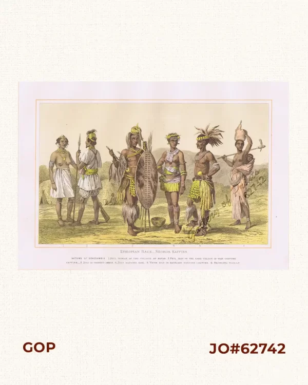 Ethiopian Race - Negros,  Kaffirs.  Natives of Senegambia  1. Peul Woman of the Village of Kouar.  2. Peul Man of the Same Village in War Costume.  Kaffirs -  3. Zulu in Visiting Dress.  4. Zulu Dancing Girl.  5. Young Zulu in Marriage Dancing Costume.  6. Bechuana Woman.
