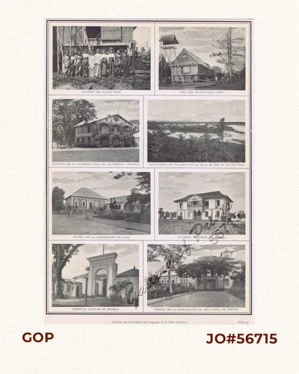 1) Mujeres del Datto Pian. 2) Casa del Datto Pian - Jolo. 3) Cuartel de la Guardia Civil en la Ermita - Manila. 4) Rancheria de Magibon de la Cual es Jefe el Datto Pian. 5) Iglesia de la Concepcion en Jolo. 6) Cuartel de Meisic en Manila. 7) Hospital Militar en Manila. 8) Iglesia de la Concepcion en Jolo Vista de Frente.