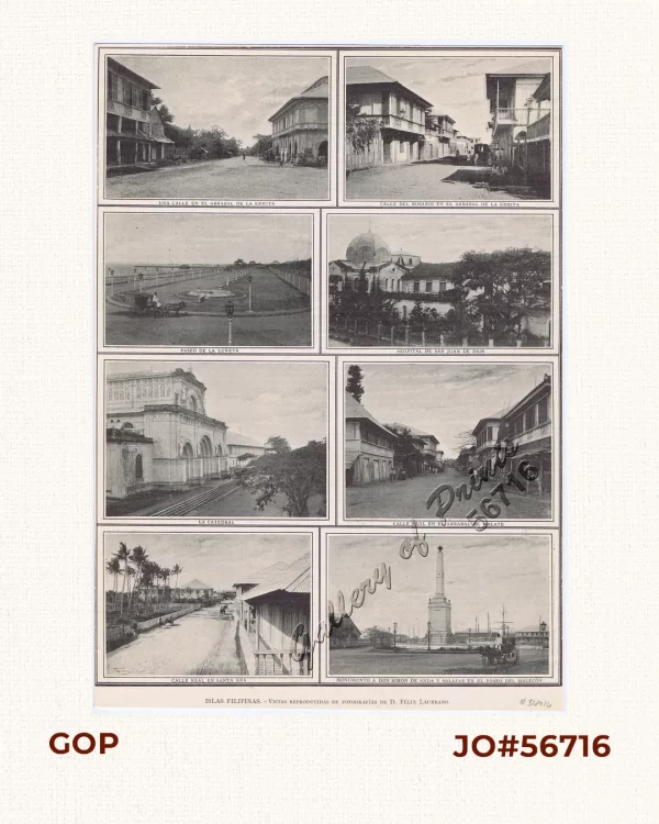 1) Una Calle en el Arrabal de la Ermita. 2) Calle del Rosario en el Arrabal de la Ermita. 3) Paseo de la Luneta. 4) Hospital de San Juan de Dios. 5) La Catedral. 6) Calle Real en el Arrabal de Malate. 7) Calle Real en Santa Ana. 8) Monumento a Don Simon de Anda y Salazar en el Paseo del Malecon.