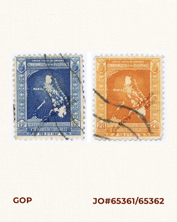 United States of America Commonwealth of the Philippines Seat XXXIII International Eucharistic Congress 12 Centavos / 20 Centavos