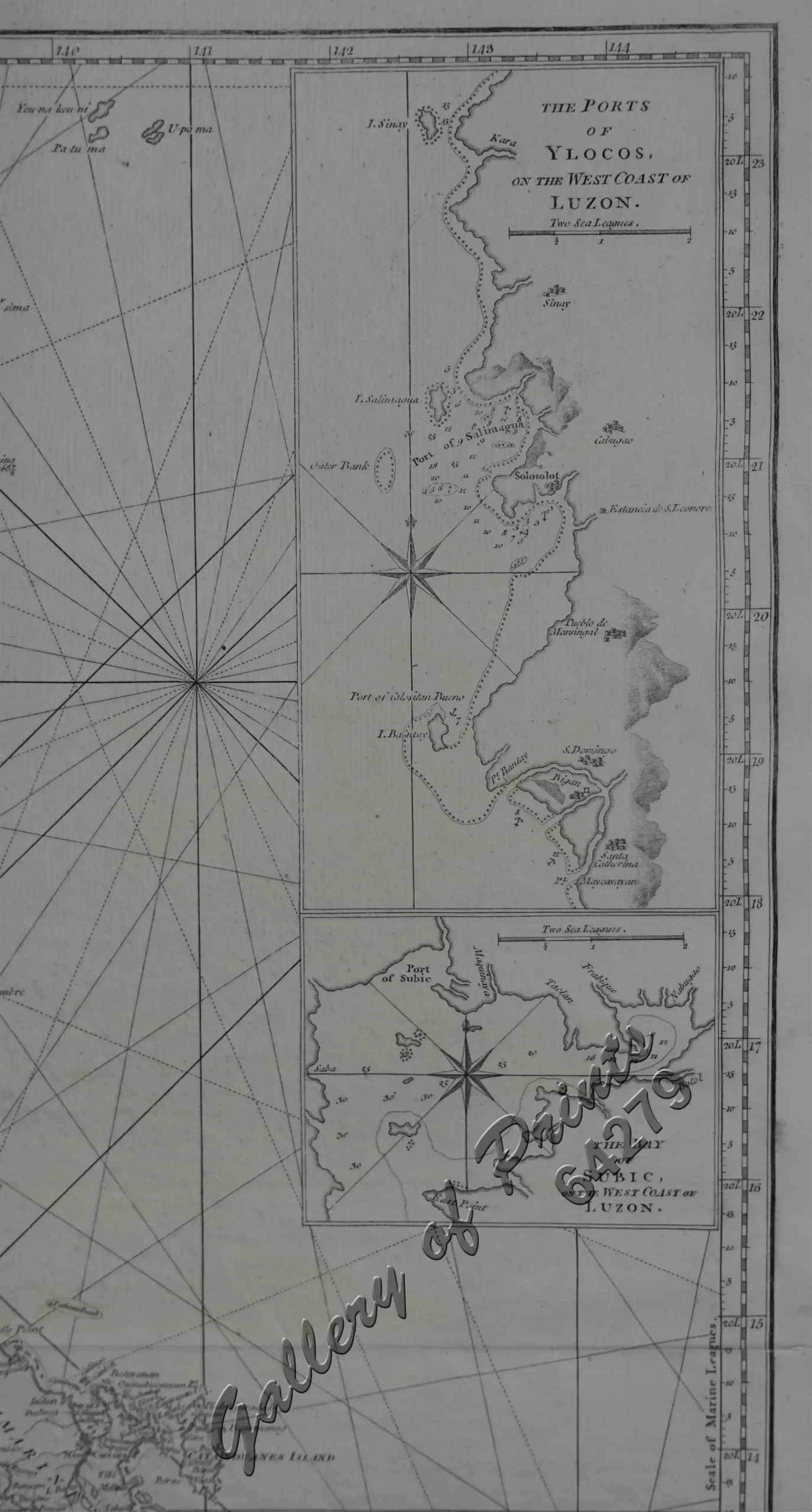 A Chart of the China Sea, and Philippine Islands, with the Archipelagos of Felicia and Sooloo, shewing… …Canton and Balambangan,… composed from an original drawing, communicated by Capt. Robert Carr. and compared with the map of Pedro Murillo de Velarde, engraved at Manilla in 1734…. insets: 1) The Ports of Ylocos, on the West Coast of Luzon. 2) The Bay of Subic, on the West Coast of Luzon. - Image 4