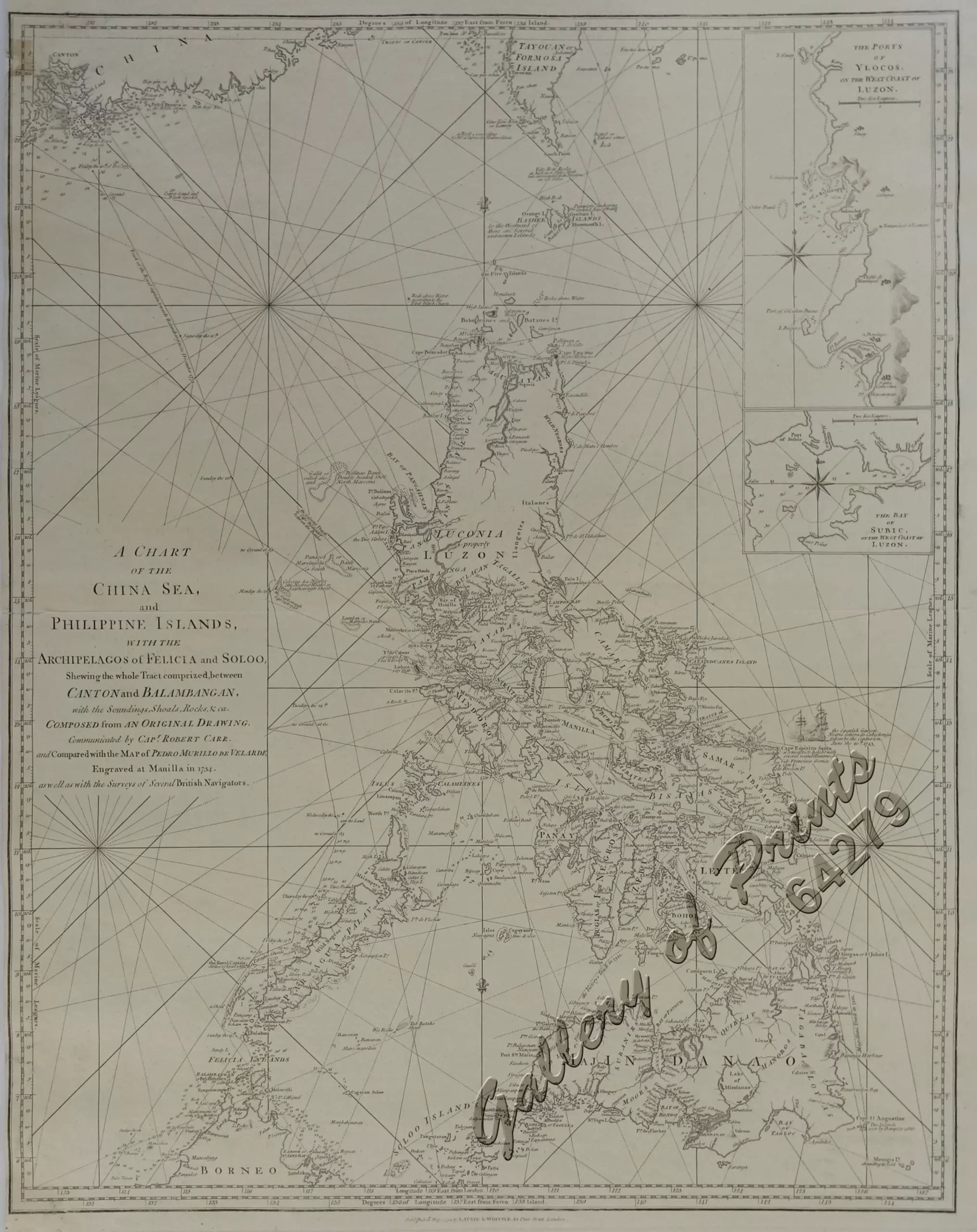 A Chart of the China Sea, and Philippine Islands, with the Archipelagos of Felicia and Sooloo, shewing… …Canton and Balambangan,… composed from an original drawing, communicated by Capt. Robert Carr. and compared with the map of Pedro Murillo de Velarde, engraved at Manilla in 1734…. insets: 1) The Ports of Ylocos, on the West Coast of Luzon. 2) The Bay of Subic, on the West Coast of Luzon. - Image 2