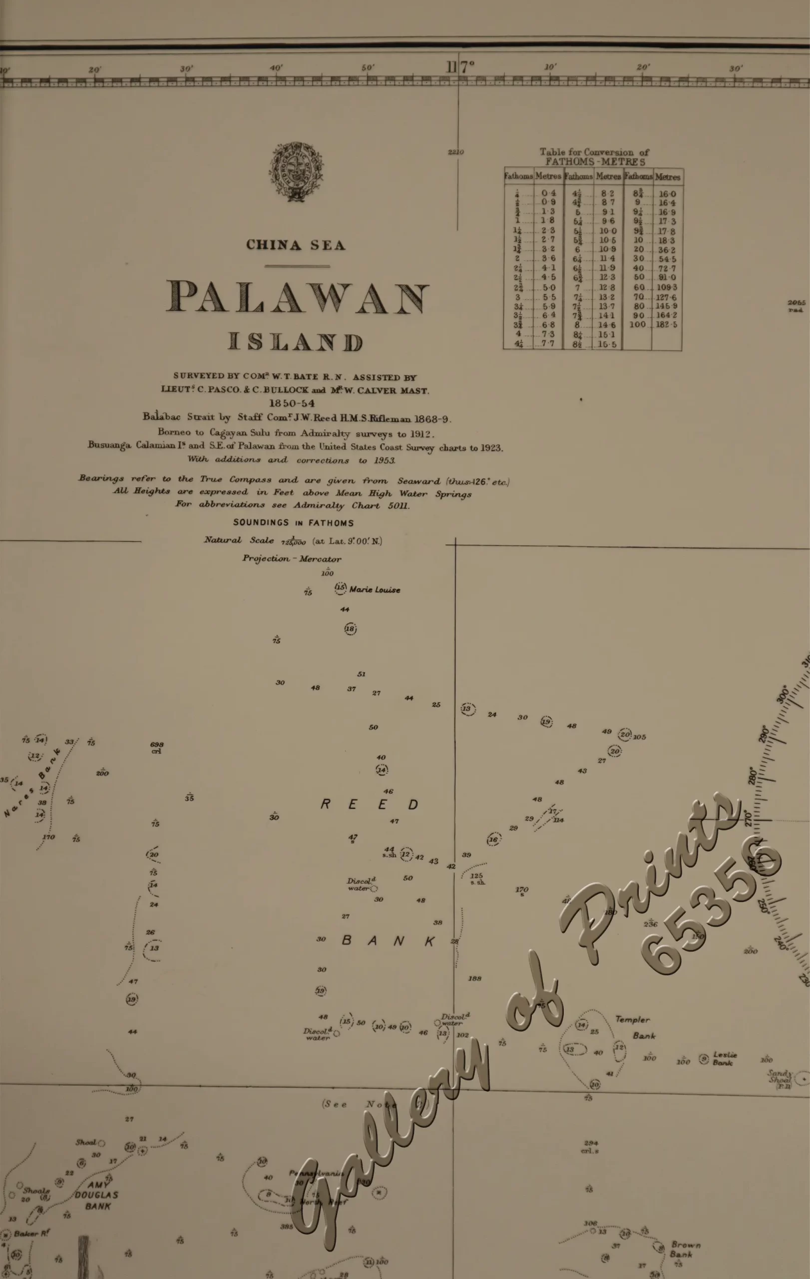 China Sea - Palawan Island Surveyed by Comr. W. T. Bate R.N. Assisted by Lieuts. C. Pasco & C. Bullock and Mr.W. Calver Mast. 1850-54 Balabac Strait by Staff Comr. J.W. Reed H.M.S. Rifleman 1868–9. Borneo to Cagayán Sulu from Admiralty surveys to 1912. Busuanga, Calamian Is. and S.E. of Palawan from United States Coast Survey charts to 1923. - Image 3