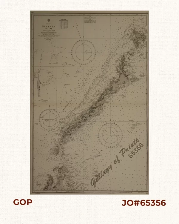 China Sea - Palawan Island  Surveyed by Comr. W. T. Bate R.N.  Assisted by Lieuts. C. Pasco & C. Bullock and Mr.W. Calver Mast.  1850-54  Balabac Strait by Staff Comr. J.W. Reed H.M.S. Rifleman 1868–9.  Borneo to Cagayán Sulu from Admiralty surveys to 1912.  Busuanga, Calamian Is. and S.E. of Palawan from United States Coast Survey charts to 1923.