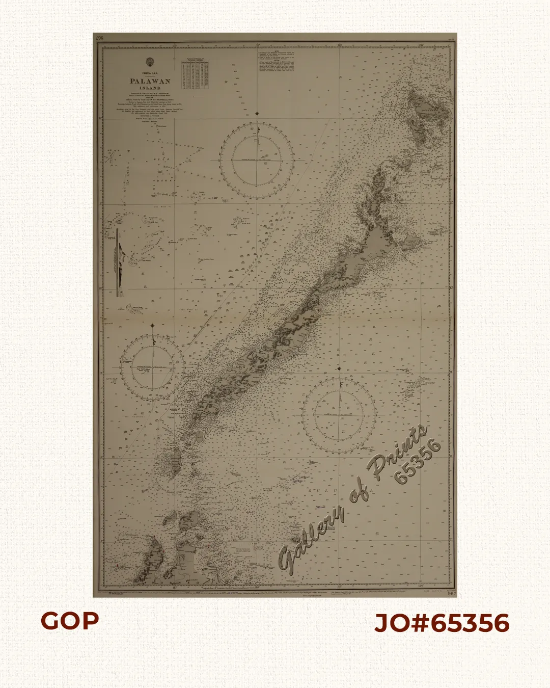 China Sea - Palawan Island Surveyed by Comr. W. T. Bate R.N. Assisted by Lieuts. C. Pasco & C. Bullock and Mr.W. Calver Mast. 1850-54 Balabac Strait by Staff Comr. J.W. Reed H.M.S. Rifleman 1868–9. Borneo to Cagayán Sulu from Admiralty surveys to 1912. Busuanga, Calamian Is. and S.E. of Palawan from United States Coast Survey charts to 1923.