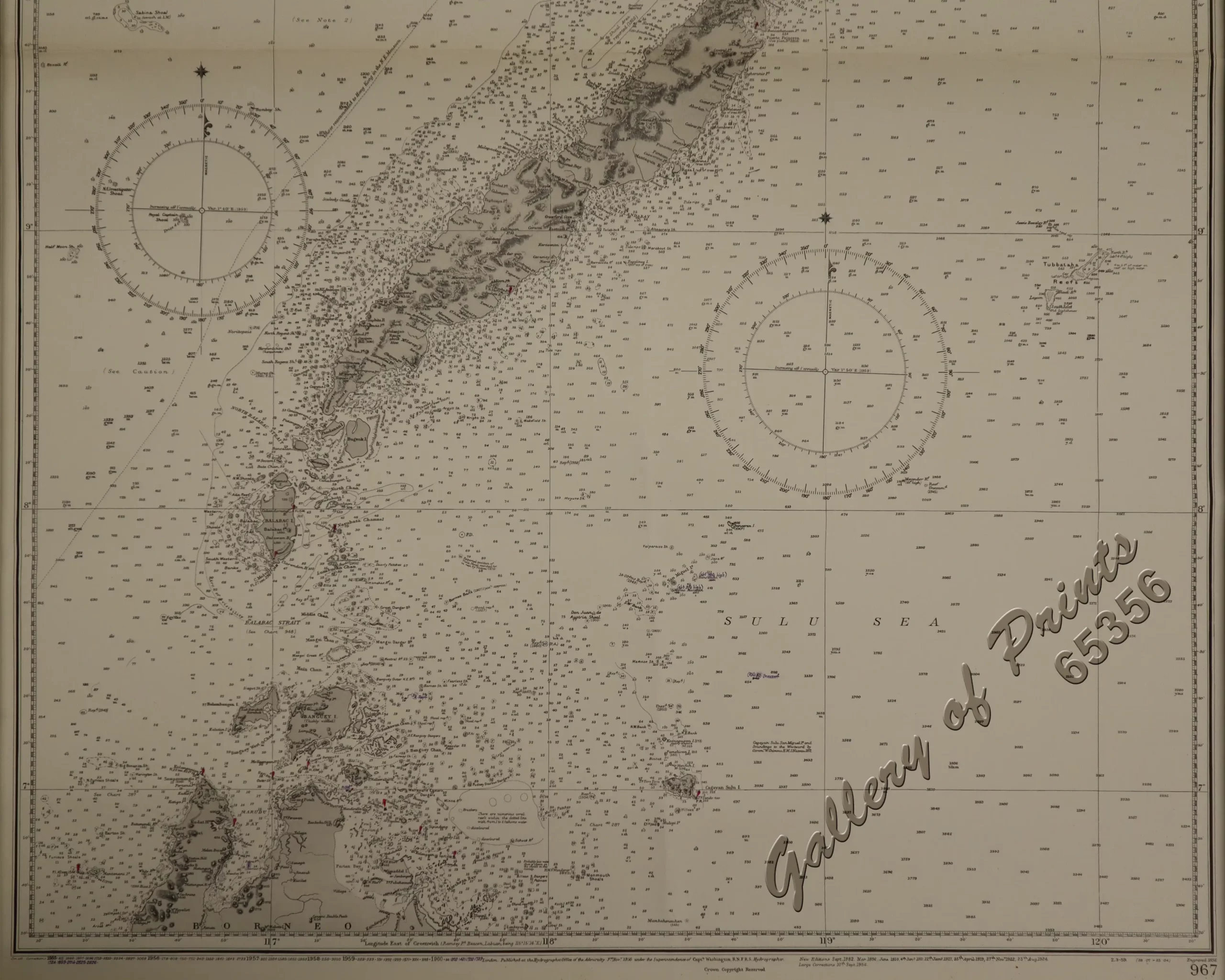 China Sea - Palawan Island Surveyed by Comr. W. T. Bate R.N. Assisted by Lieuts. C. Pasco & C. Bullock and Mr.W. Calver Mast. 1850-54 Balabac Strait by Staff Comr. J.W. Reed H.M.S. Rifleman 1868–9. Borneo to Cagayán Sulu from Admiralty surveys to 1912. Busuanga, Calamian Is. and S.E. of Palawan from United States Coast Survey charts to 1923. - Image 5
