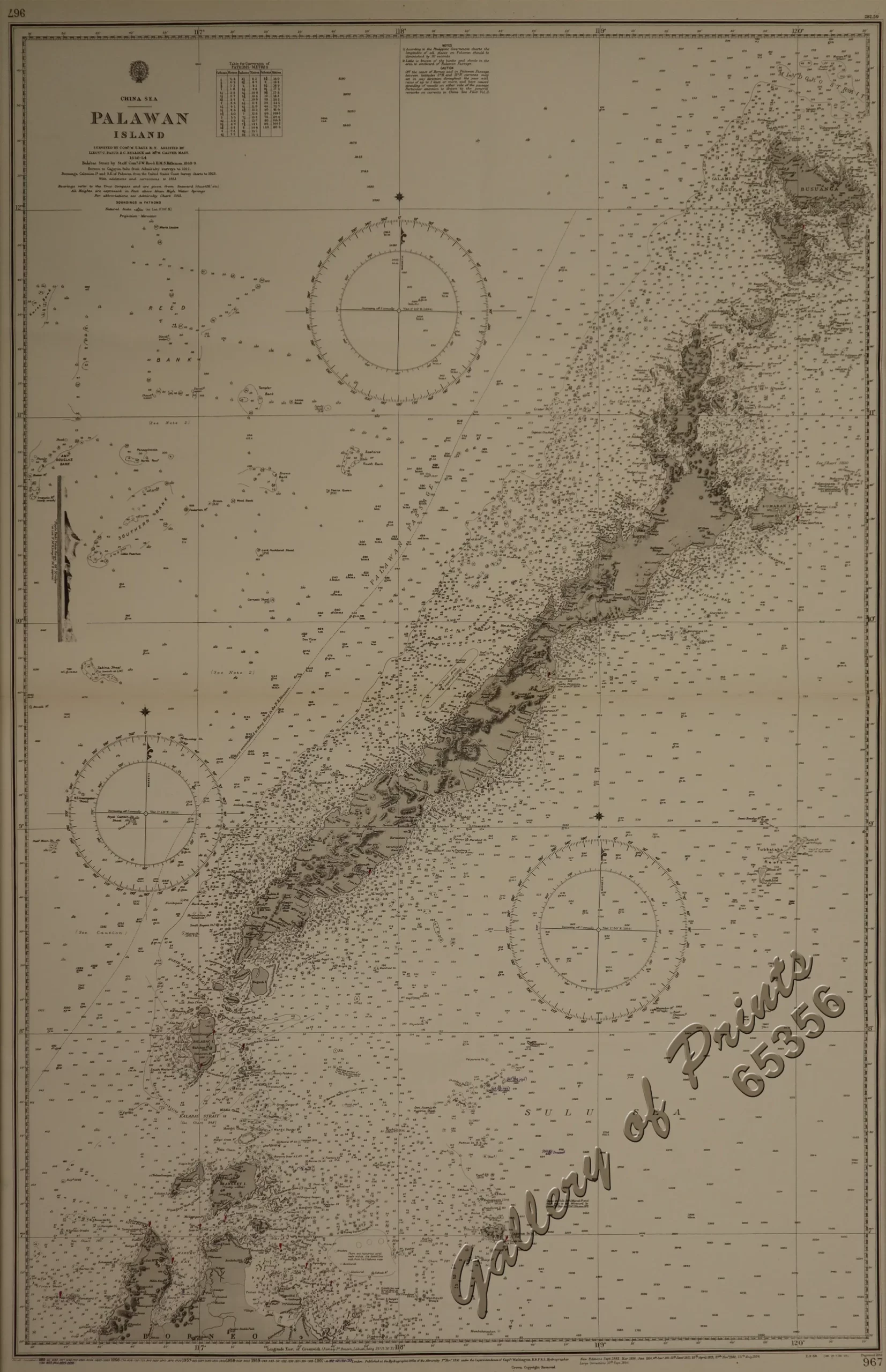 China Sea - Palawan Island Surveyed by Comr. W. T. Bate R.N. Assisted by Lieuts. C. Pasco & C. Bullock and Mr.W. Calver Mast. 1850-54 Balabac Strait by Staff Comr. J.W. Reed H.M.S. Rifleman 1868–9. Borneo to Cagayán Sulu from Admiralty surveys to 1912. Busuanga, Calamian Is. and S.E. of Palawan from United States Coast Survey charts to 1923. - Image 2