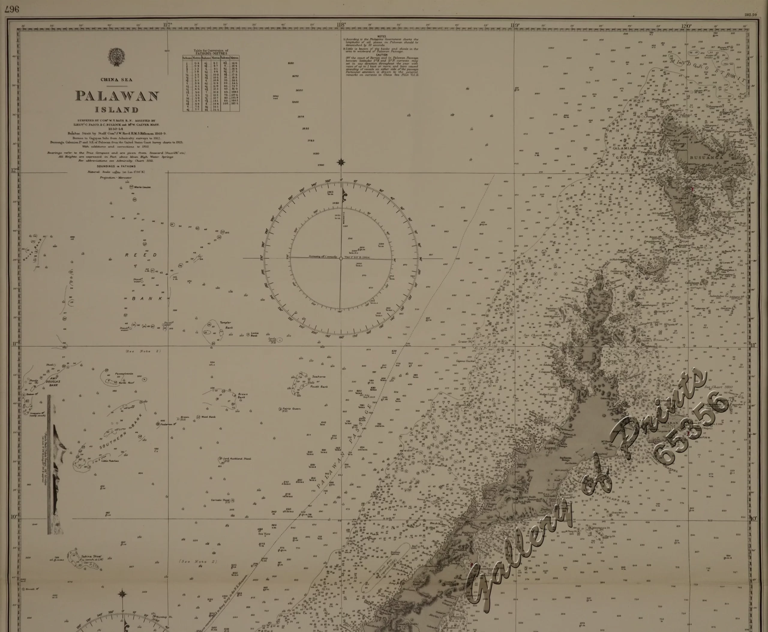 China Sea - Palawan Island Surveyed by Comr. W. T. Bate R.N. Assisted by Lieuts. C. Pasco & C. Bullock and Mr.W. Calver Mast. 1850-54 Balabac Strait by Staff Comr. J.W. Reed H.M.S. Rifleman 1868–9. Borneo to Cagayán Sulu from Admiralty surveys to 1912. Busuanga, Calamian Is. and S.E. of Palawan from United States Coast Survey charts to 1923. - Image 4