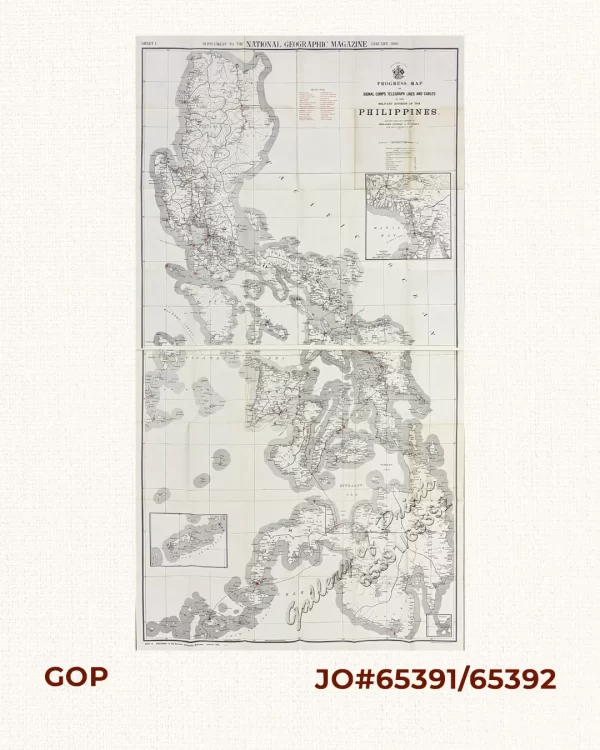 Progress Map of Signal Corps Telegraph Lines & Cables in the Military Division of the Philippines.  [Sheet 1]  [inset:] Manila and Adjacent Territory   [Sheet 2]  [insets:]  [1] [Jolo Archipelago]  [2] [Sarangani]