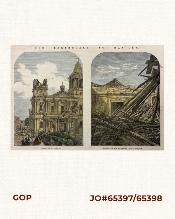 The Earthquake at Manilla: 1) Church of St. Domingo. 2) Interior of the Governor's Palace, Manilla.