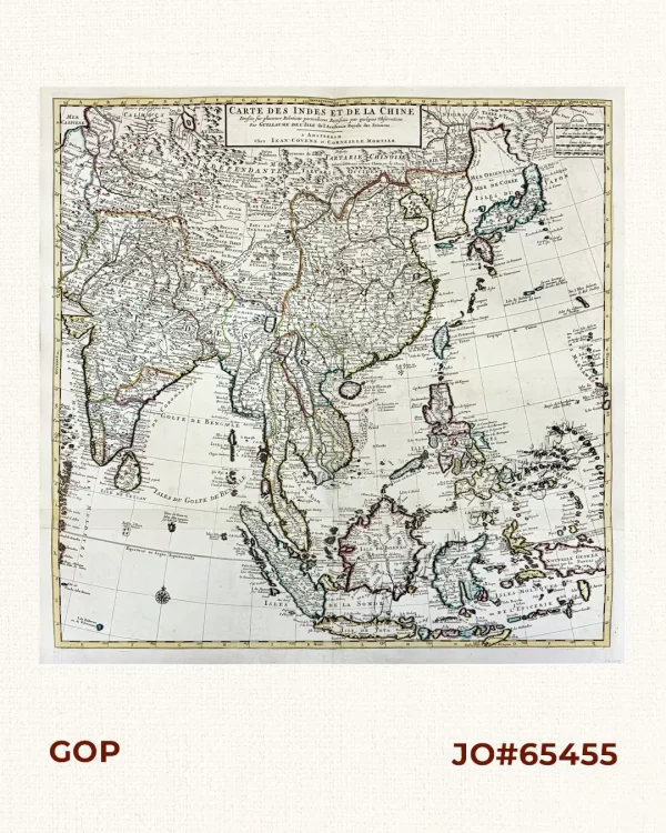 Carte des Indes et de la Chine  Dressée sur plusieurs  Relations particulieres Rectifiées par quelles Observations  Par Guillaume de L'Isle de l'Académie Royale des Sciences.  A Amsterdam par chez Iean Cóvens et Corneille Mortier.  [Map of the Indies and China  Drawn up from several specific accounts, corrected by some observations.  By Guillaume De L'Isle of the Royal Academy of Sciences. At Amsterdam, by Jean Cóvens and Corneille Mortier]