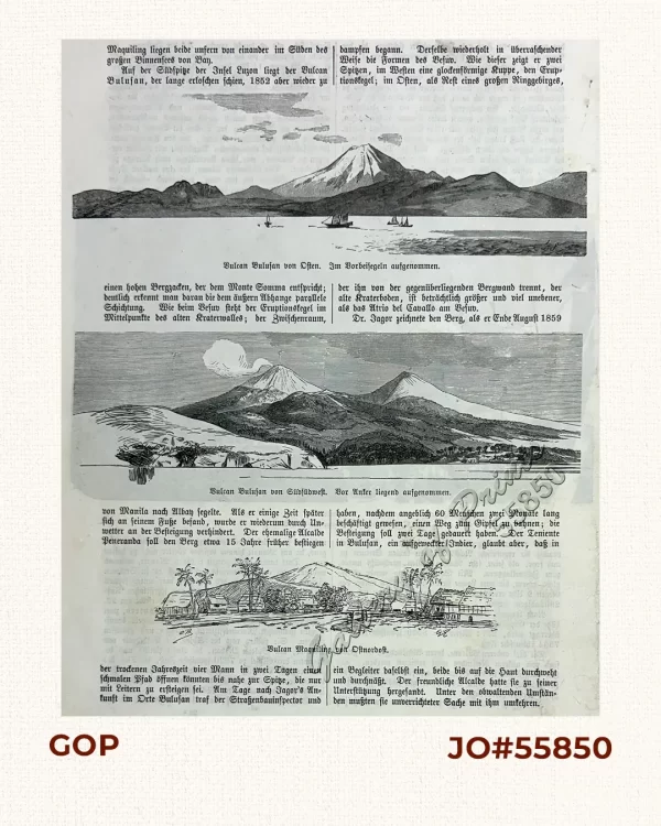 1. Vulcan Bulusan von Osten. Im Vorbeisegeln aufgenommen. [Volcano Bulusan taken on Sailing Passage from the East.].   2. Vulcan Bulusan von Südsüdwest. Vor Anker liegend aufgenommen. [Volcano Bulusan taken from Southsouthwest during anchorage].  3. Vulcan Maquiling von Ostnordost [Volcano Makiling taken from Eastnortheast].
