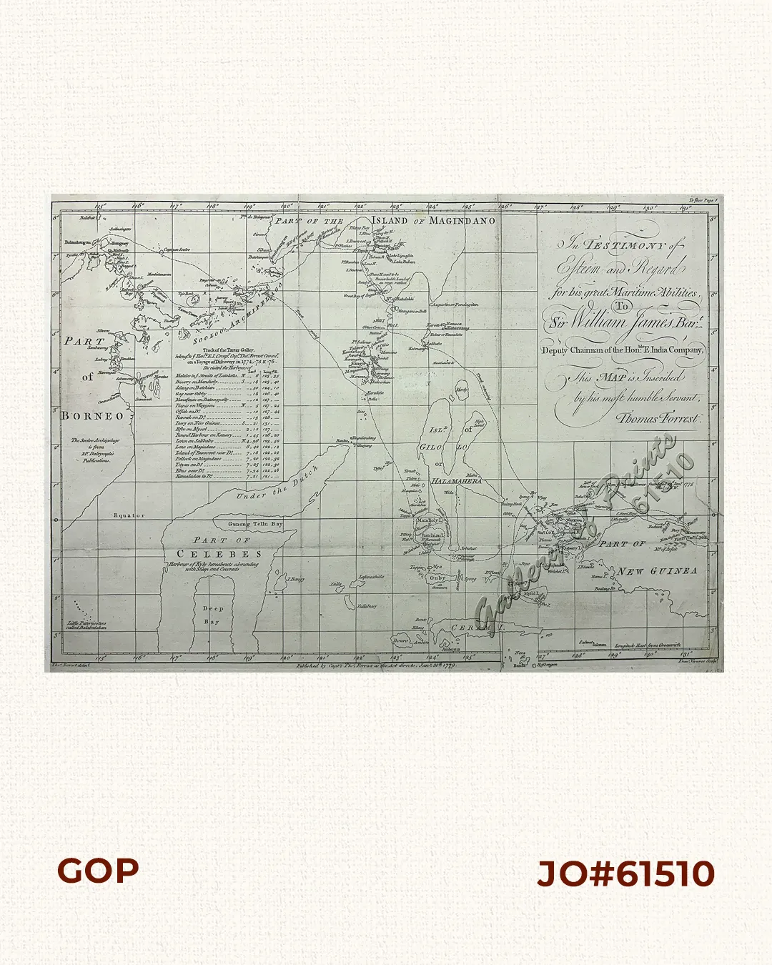 Track of the Tartar Galley…Voyage of Discovery - In Testimony of Esteem and Regard for his great maritime abililies to Sir William James, Bart… Deputy Chairman of the Hon.ble E. India Company, This map is inscribed by his most humble servant, Thomas Forrest.