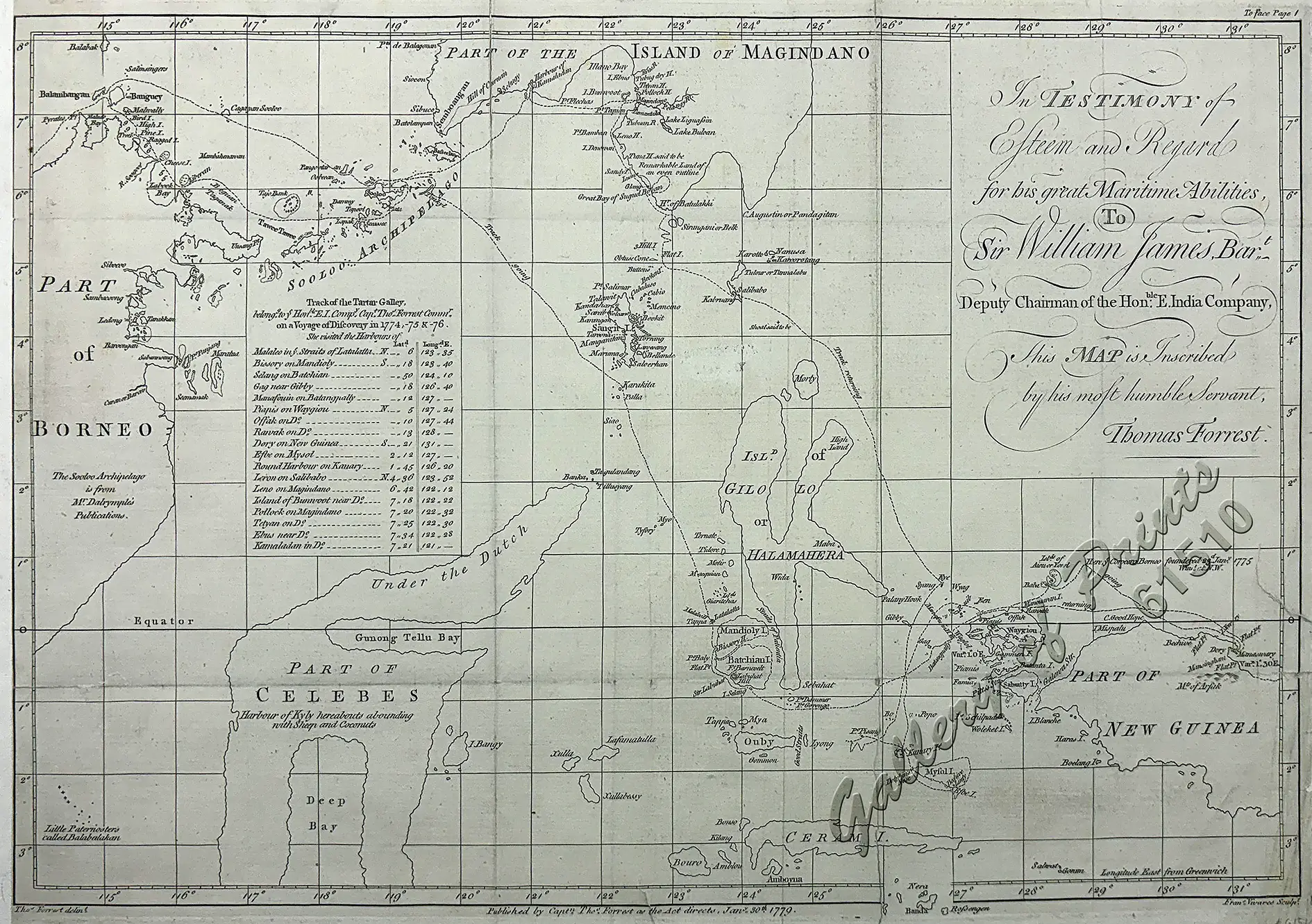 Track of the Tartar Galley…Voyage of Discovery - In Testimony of Esteem and Regard for his great maritime abililies to Sir William James, Bart… Deputy Chairman of the Hon.ble E. India Company, This map is inscribed by his most humble servant, Thomas Forrest. - Image 2