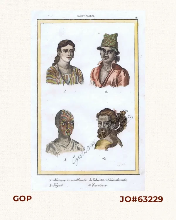 1) Metive de Manila  - Mestizze von Manila.  2) Tagal   - Tagal.  3) Nouveau Zeelandais tatoue - Tatuirter Neuseelaender [Tattooed New Zealander].  4) Carolin   - Caroliner.