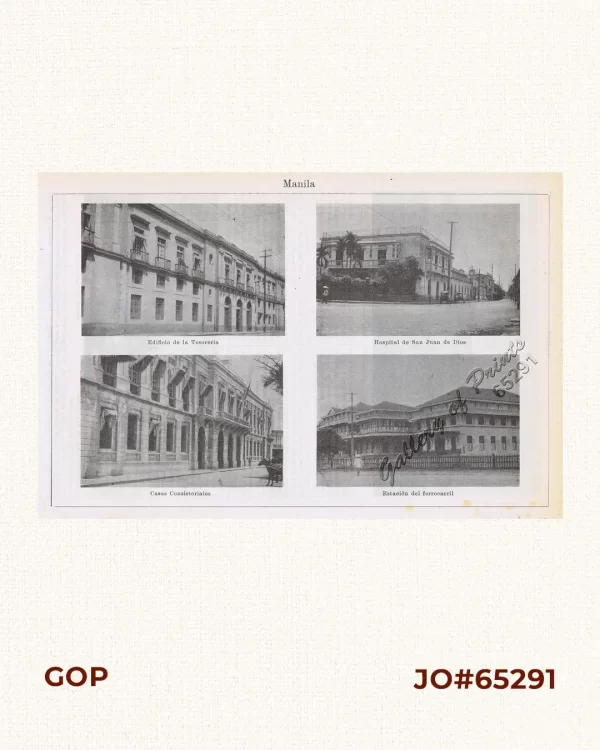 Manila.  1) Edificio de la Tesoreria.  [Treasury Building].  2) Hospital de San Juan de Dios.  [San Juan de Dios Hospital].  3) Casas Consistoriales.  [Town Hall].  4) Estación del ferrocarril.  [Railway station].