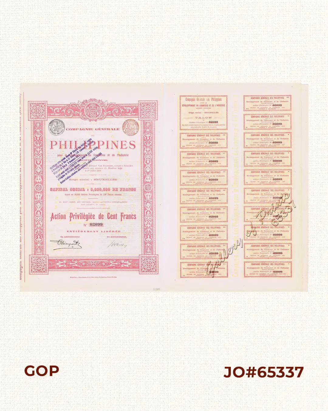 Compagnie Générale des Philippines pour de développement du Commerce et de l'Industrie Capital Social : 3,000,000 de francs. Action Privilégiée de Cent Francs No. 03099 - Image 2