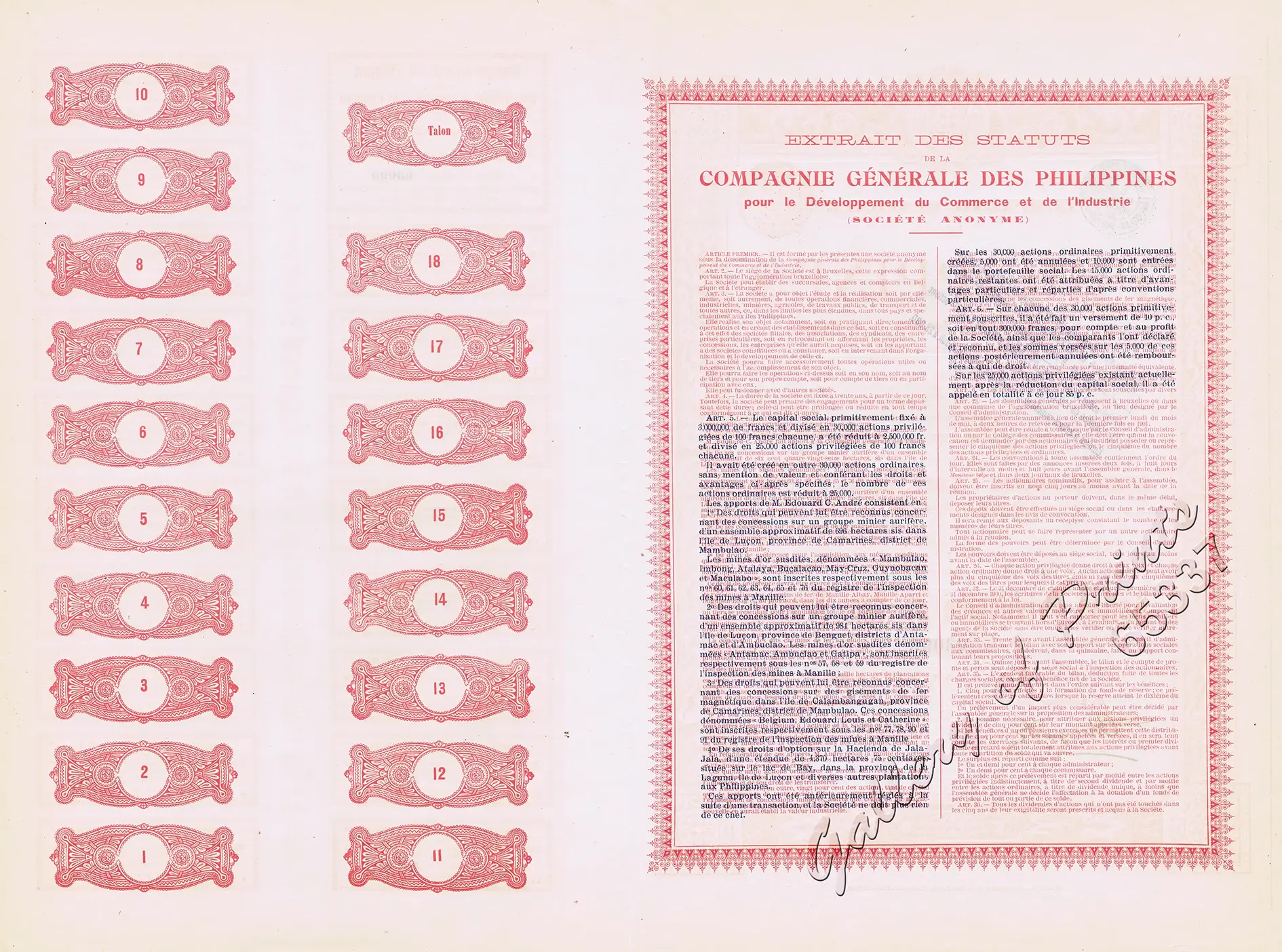 Compagnie Générale des Philippines pour de développement du Commerce et de l'Industrie Capital Social : 3,000,000 de francs. Action Privilégiée de Cent Francs No. 03099 - Image 3