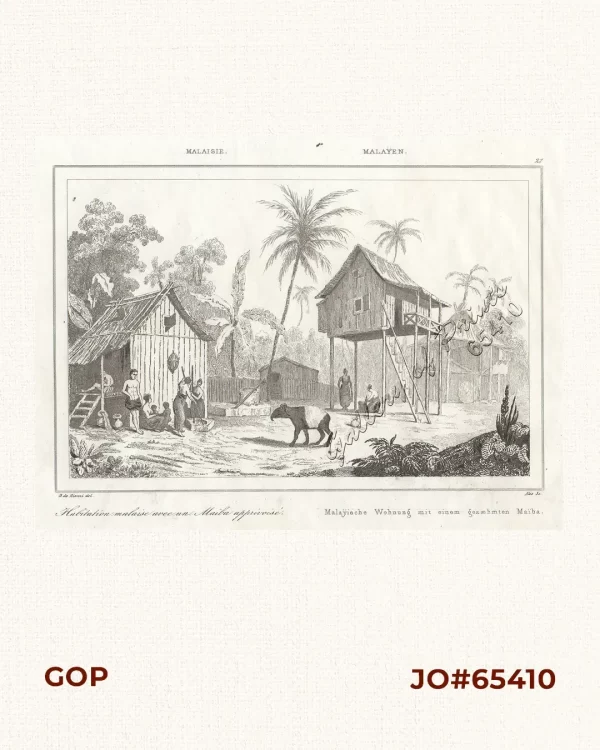 Malaisie - Habitation malaise avec un Maiba apprivoisé.  Malayen - Malaysiche Wohnung mit einem gezähmtem Maiba.  [Malayan House with Tamed Tapir]