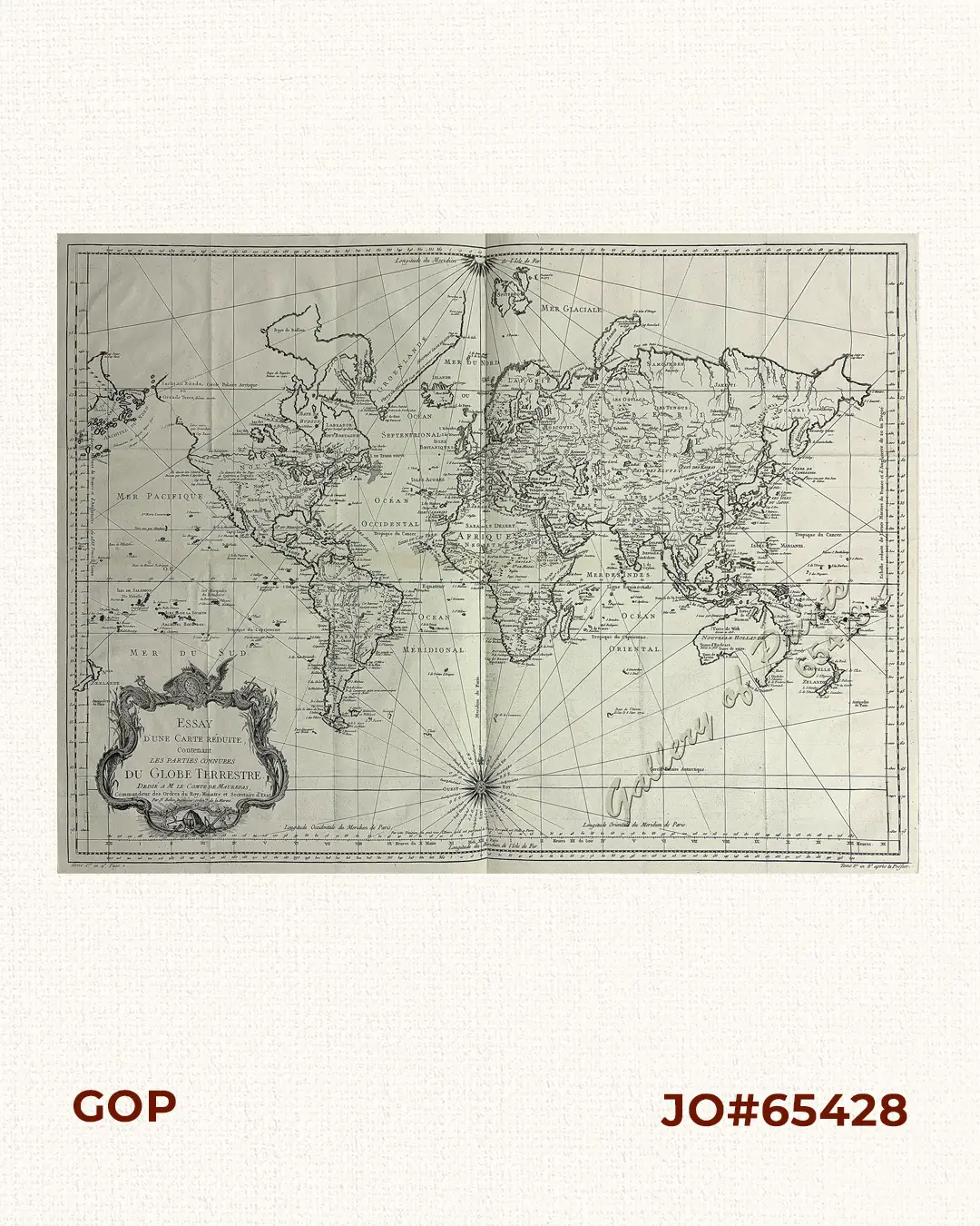 Essay d'une Carte Réduite Contenant les parties connuees du Globe Terrestre. Dedié A M. Le Comte de Maurepas, Commandeur des Ordes du Roy / Ministre et Secretaire d'Etat. par N. Bellin, Ingénieur ordinre de la Marine. 1748