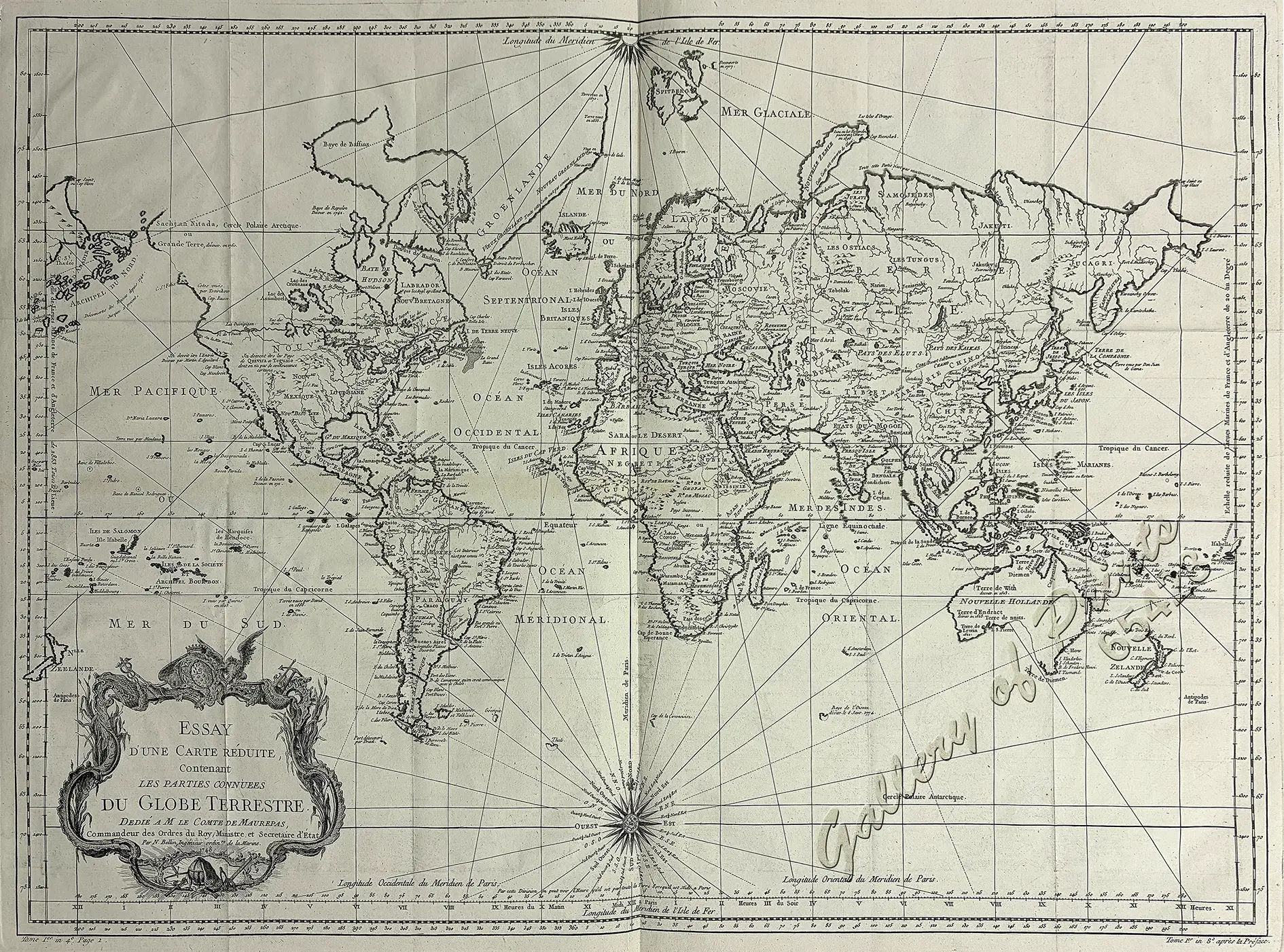 Essay d'une Carte Réduite Contenant les parties connuees du Globe Terrestre. Dedié A M. Le Comte de Maurepas, Commandeur des Ordes du Roy / Ministre et Secretaire d'Etat. par N. Bellin, Ingénieur ordinre de la Marine. 1748 - Image 2
