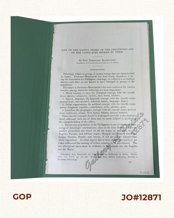 List of the Native Tribes of the Philippines and of the Languages Spoken by Them [Translated, with introduction and notes, by O.T. Mason]